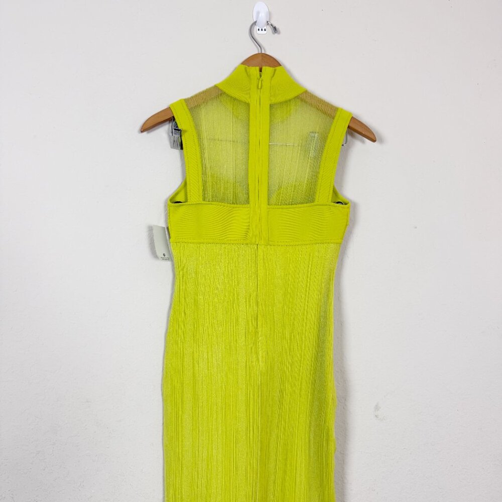 Herve Leger Layered Ribbed Tulle Stretch Knit Chartreuse Midi Dress Size Medium - Picture 5 of 8